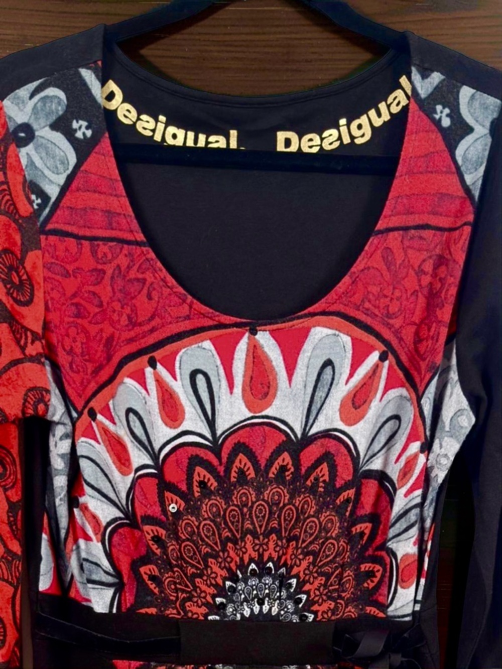 Desigual Mandala Red Black Print Long-Sleeve Dress with Pockets XL - Picture 8 of 10